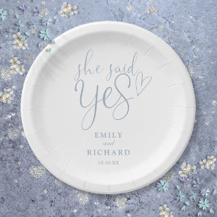 She Said Yes Engagement Party Dusty Blue Paper Plate