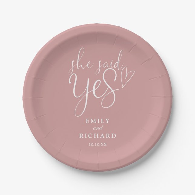 She Said Yes Engagement Party Dusty Rose Pink Paper Plate (Front)