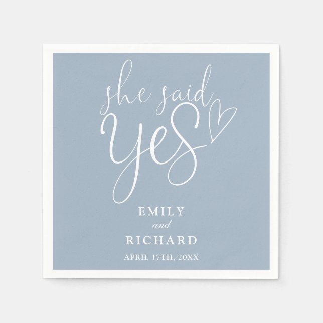 She Said Yes Engagement Party Elegant Dusty Blue Napkin (Front)