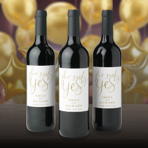 She Said Yes Engagement Party Elegant Gold Wine Label