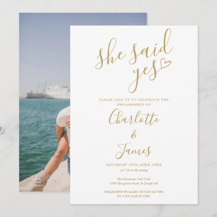 She Said Yes Engagement Party Gold Heart Photo Invitation
