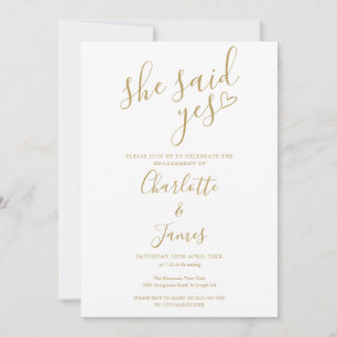 She Said Yes Engagement Party Gold Love Heart Invitation