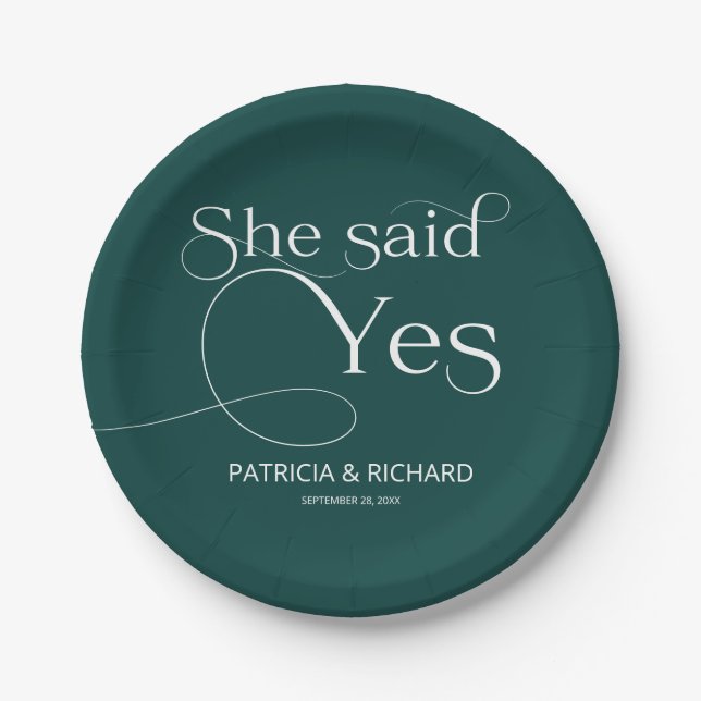 She Said Yes Engagement Party Green Paper Plate (Front)