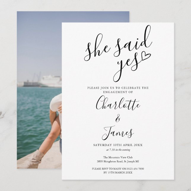 She Said Yes Engagement Party Love Heart Photo Invitation (Front/Back)