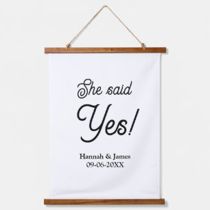 She said yes engagement party name date simple min hanging tapestry