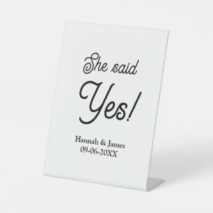 She said yes engagement party name date simple min pedestal sign
