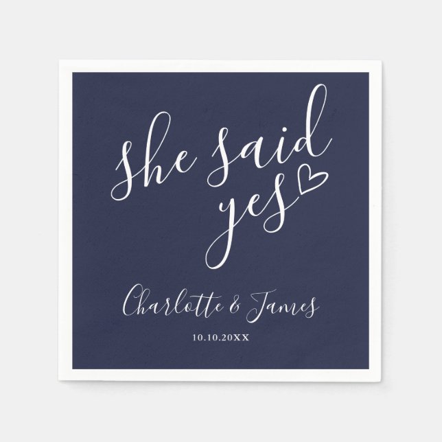 She Said Yes Engagement Party Navy Blue Napkin (Front)