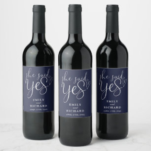 She Said Yes Engagement Party Navy Blue Wine Label
