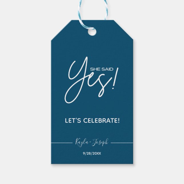 She said Yes Engagement Party Navy Gift Tag (Front)