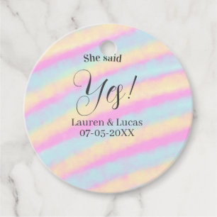 She said yes engagement party pink blue yellow ste favour tags