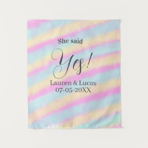 She said yes engagement party pink blue yellow ste tapestry