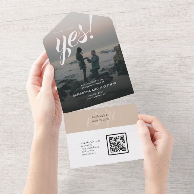 She Said Yes Engagement Party QR Code RSVP All In One Invitation (Tearaway)