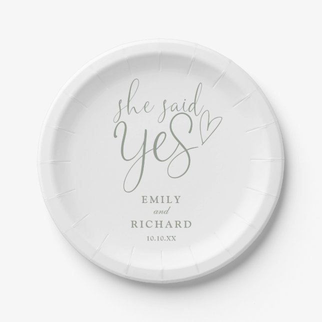 She Said Yes Engagement Party Sage Green Paper Plate (Front)