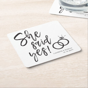 She Said Yes!   Engagement Party Script Lettering Square Paper Coaster