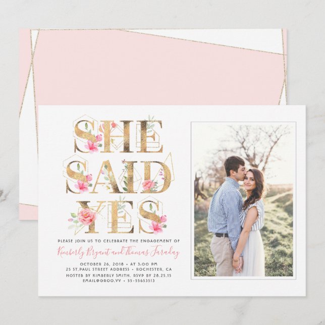 She Said Yes Floral Elegant Engagement Party Photo Invitation (Front/Back)
