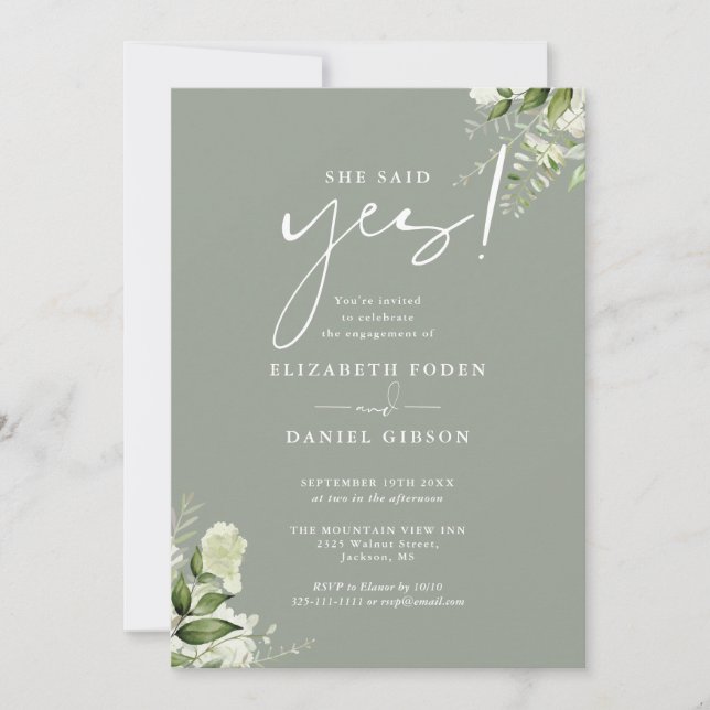 She Said Yes Floral Sage Green Engagement Party Invitation (Front)