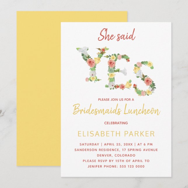 She said YES floral script bridesmaids luncheon Invitation (Front/Back)