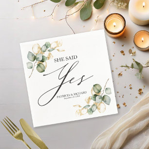 She Said Yes Gold Greenery Engagement  Napkin