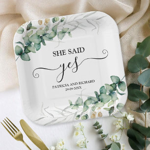 She Said Yes Gold Greenery Engagement  Paper Plate