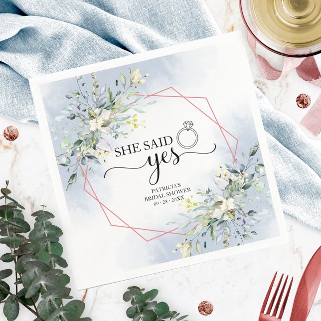 She Said Yes Greenery Bridal Shower Napkin (Creator Uploaded)