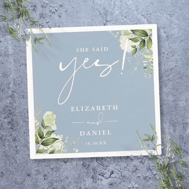 She Said Yes Greenery Dusty Blue Engagement Party Napkin (She Said Yes Greenery Dusty Blue Engagement Party Napkins)