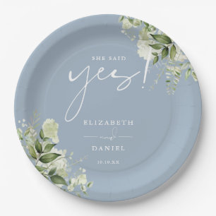 She Said Yes Greenery Dusty Blue Engagement Party Paper Plate