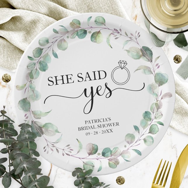 She Said Yes Greenery Eucalyptus Bridal Shower Paper Plate (Creator Uploaded)