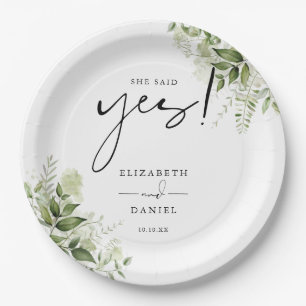 She Said Yes Greenery Floral Engagement Party Paper Plate
