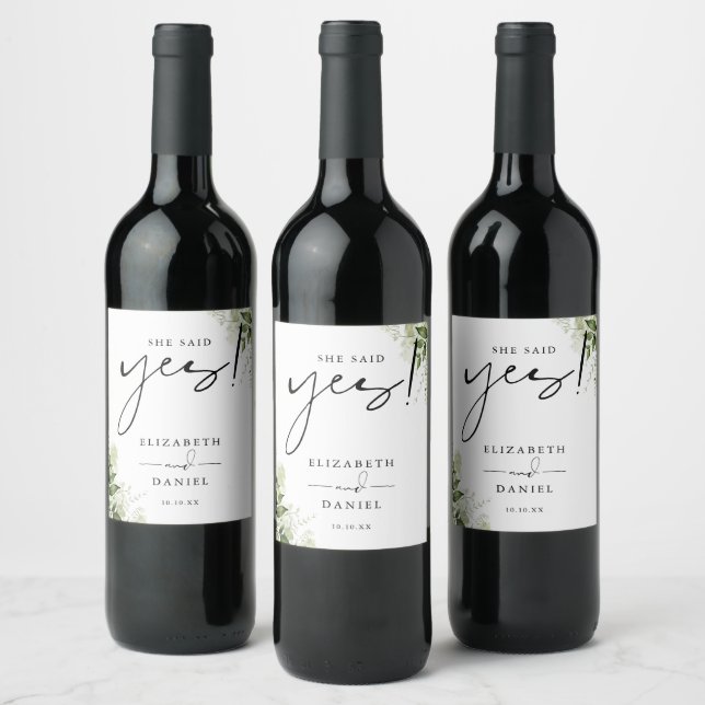 She Said Yes Greenery Floral Engagement Party Wine Label (Bottles)