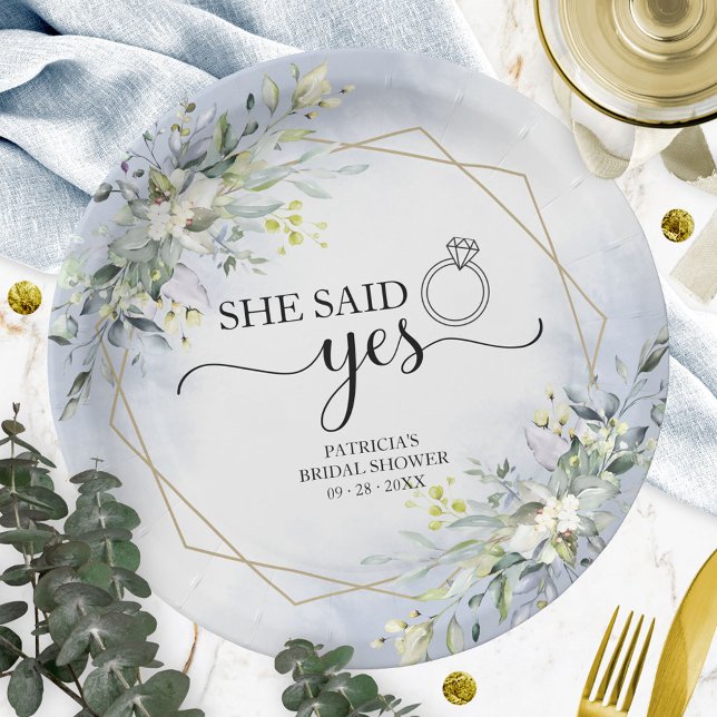 She Said Yes Greenery Geometric Bridal Napkins Paper Plate (Creator Uploaded)