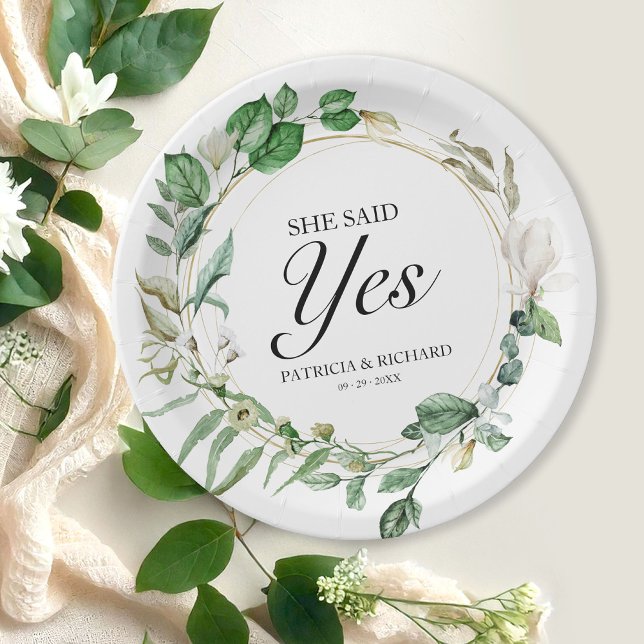 She Said Yes Greenery Geometric Engagement  Paper Plate (Creator Uploaded)