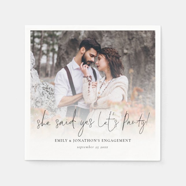 She Said Yes Lets Party Photo Overlay Engagement  Napkin (Front)