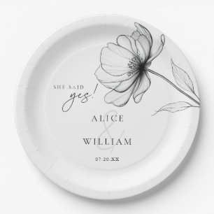She Said Yes Minimalist Floral Engagement Party Paper Plate