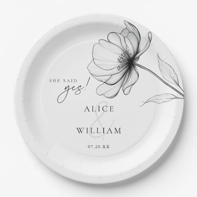 She Said Yes Minimalist Floral Engagement Party Paper Plate (Front)