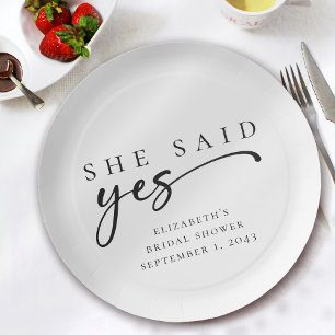 She Said Yes Minimalist Script Bridal Shower Paper Plate