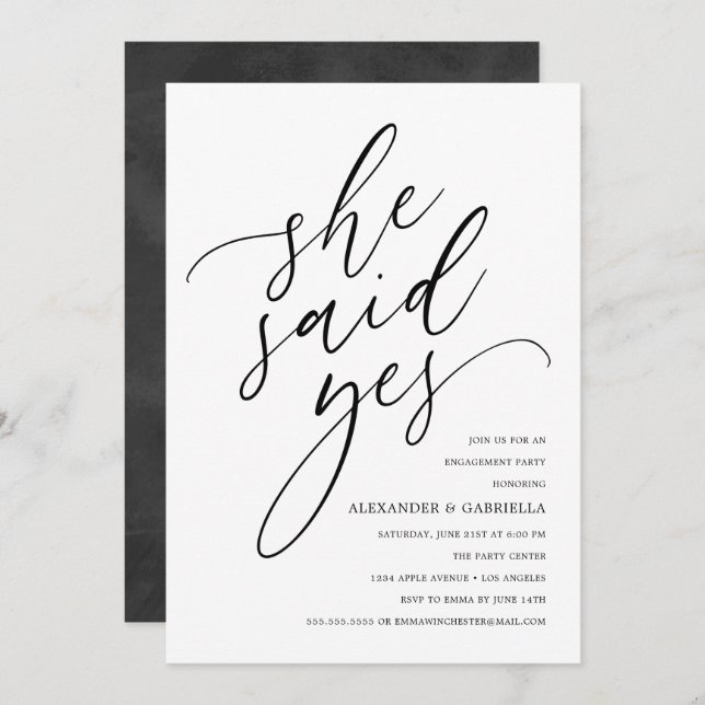 She Said Yes Modern Black Script Engagement Party Invitation (Front/Back)