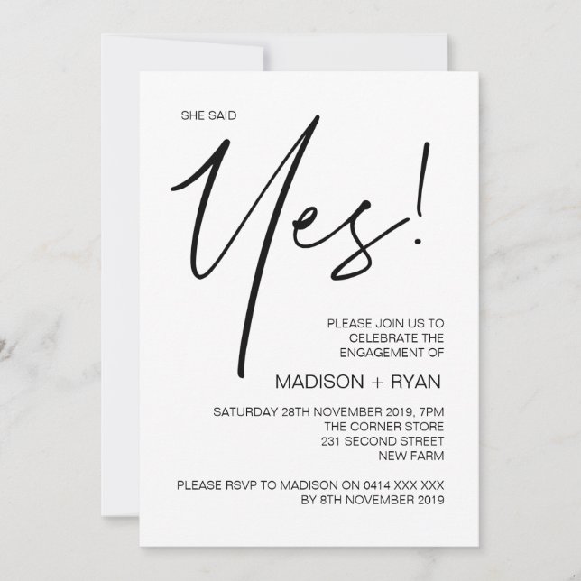 She Said Yes Modern Engagement Party Black & White Invitation (Front)