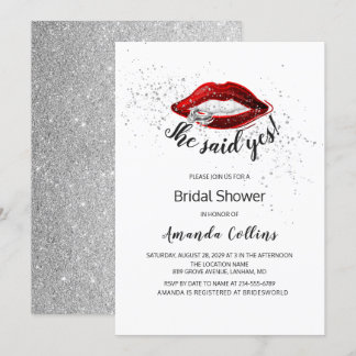SHE SAID YES Modern Glitter Silver Bridal Shower Invitation