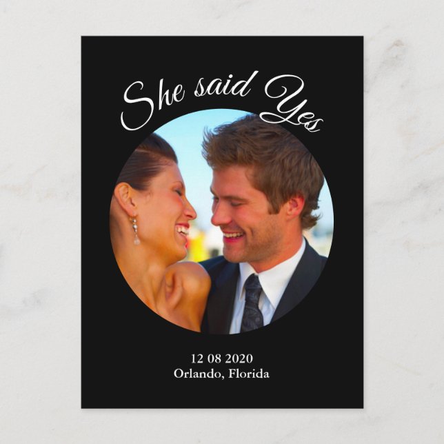 She said Yes Modern Photo Save the Date - black Announcement Postcard (Front)