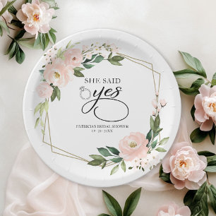She Said Yes Pink Blush Geometric Bridal Shower Paper Plate