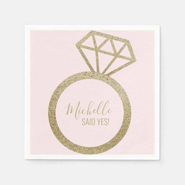 She Said Yes! Pink/Gold Glitter Engagement Ring Napkin (Front)