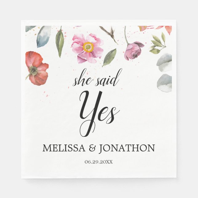 She Said Yes Pretty Spring Floral Engagement Party Napkin (Front)