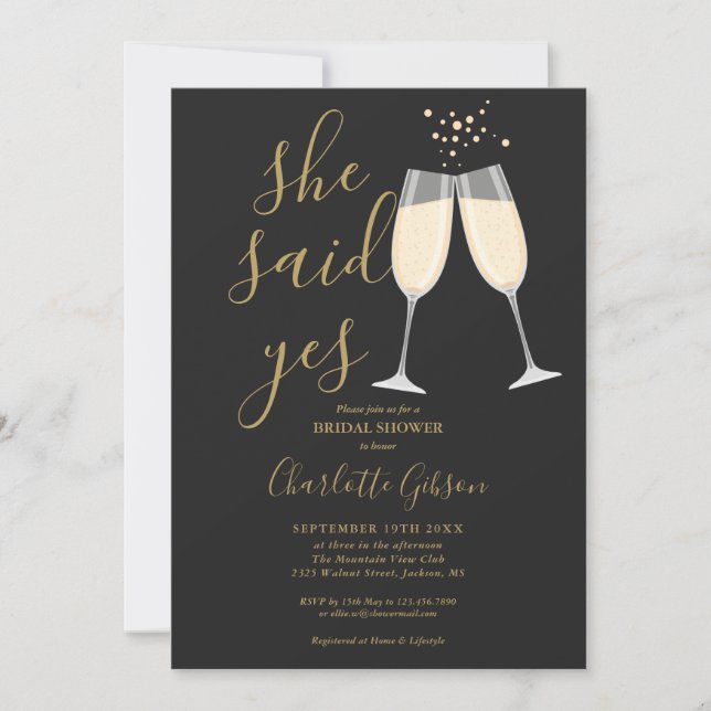 She Said Yes QR Code Bridal Shower Black And Gold Invitation (Front)