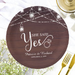She Said Yes Rustic Engagement Party Paper Plate<br><div class="desc">Rustic chic engagement party paper plate. Easy to personalise with your details. Please get in touch with me via chat if you have questions about the artwork or need customisation. PLEASE NOTE: For assistance on orders,  shipping,  product information,  etc.,  contact Zazzle Customer Care directly https://help.zazzle.com/hc/en-us/articles/221463567-How-Do-I-Contact-Zazzle-Customer-Support-.</div>