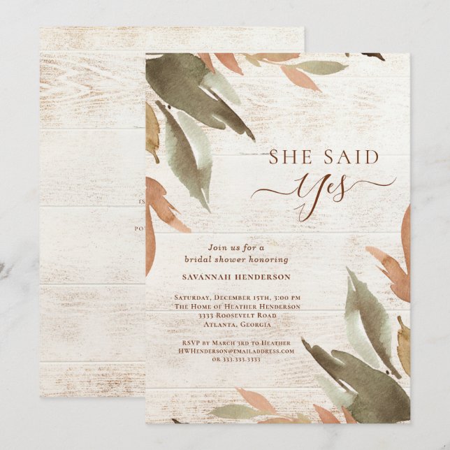 She Said Yes Rustic Greenery Bridal Shower  Invitation (Front/Back)
