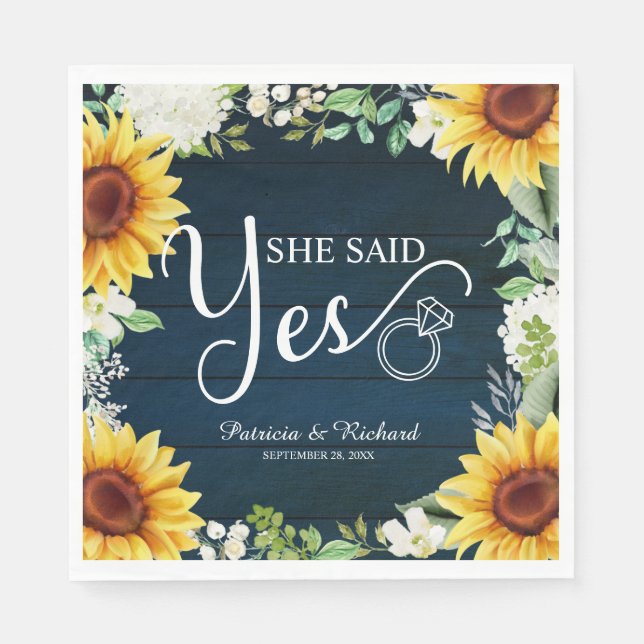 She Said Yes Rustic Sunflowers Engagement Party Napkin (Front)
