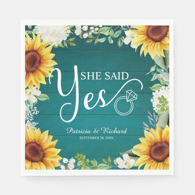 She Said Yes Rustic Sunflowers Engagement Party Napkin (Front)