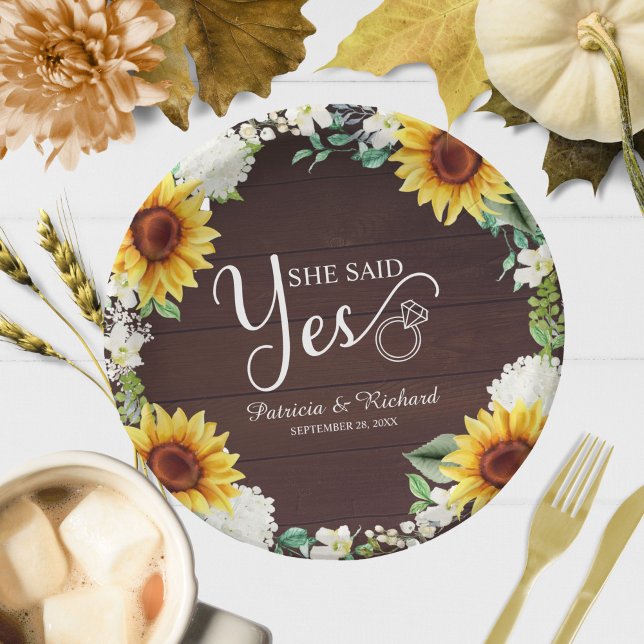 She Said Yes Rustic Sunflowers Engagement Party Paper Plate (Creator Uploaded)