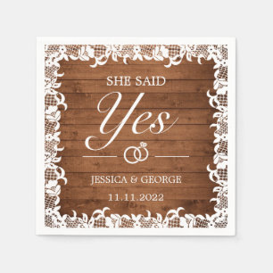 She Said Yes Rustic Wood & White Lace Napkin