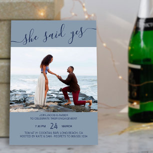 She Said Yes Script Blue Photo Engagement Invitation